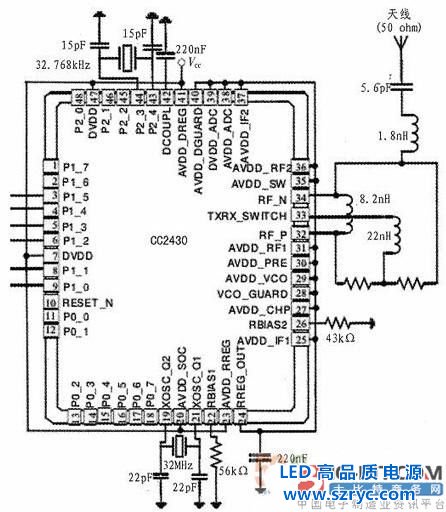 圖4:CC2430及其外圍電路 圖4:CC2430及其外圍電路